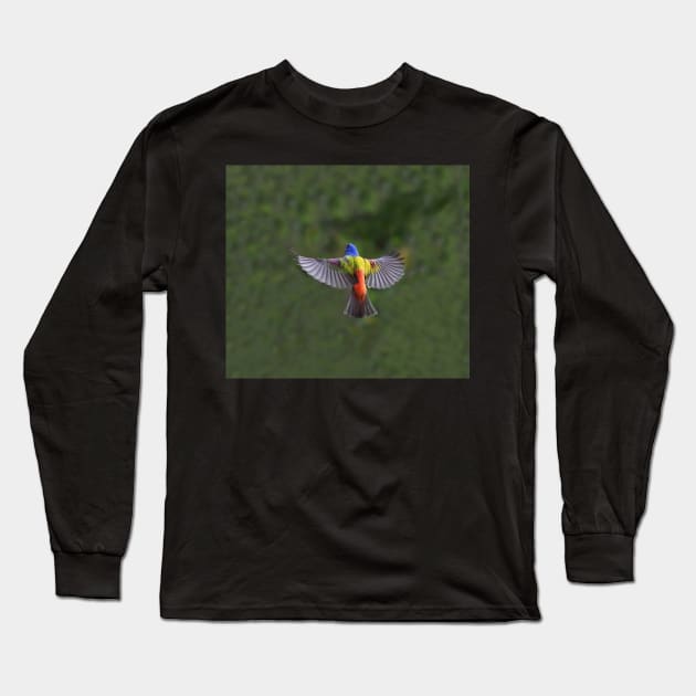 Painted Bunting Bird in Flight Long Sleeve T-Shirt by candiscamera